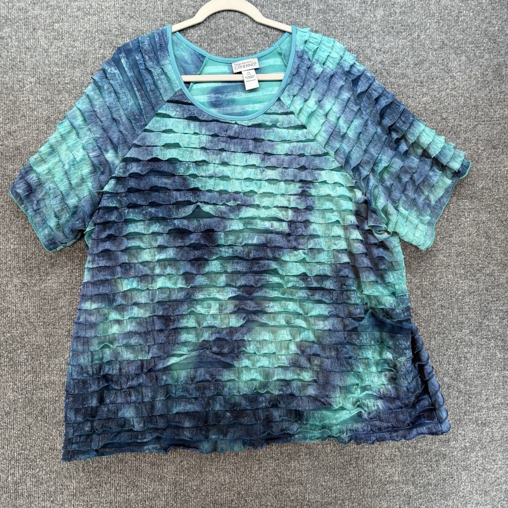 Maggie Barnes Catherines Blouse Top Womens 2X Blue Ruffle Layer Tie Dye Hippie